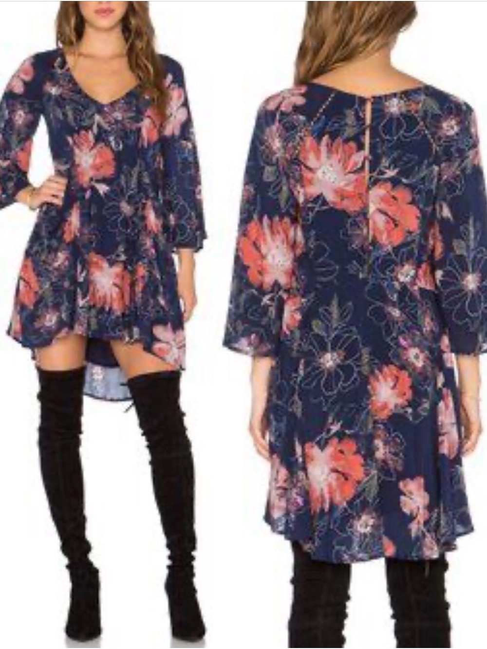 Free People Floral V-Neck Navy Swing Dress